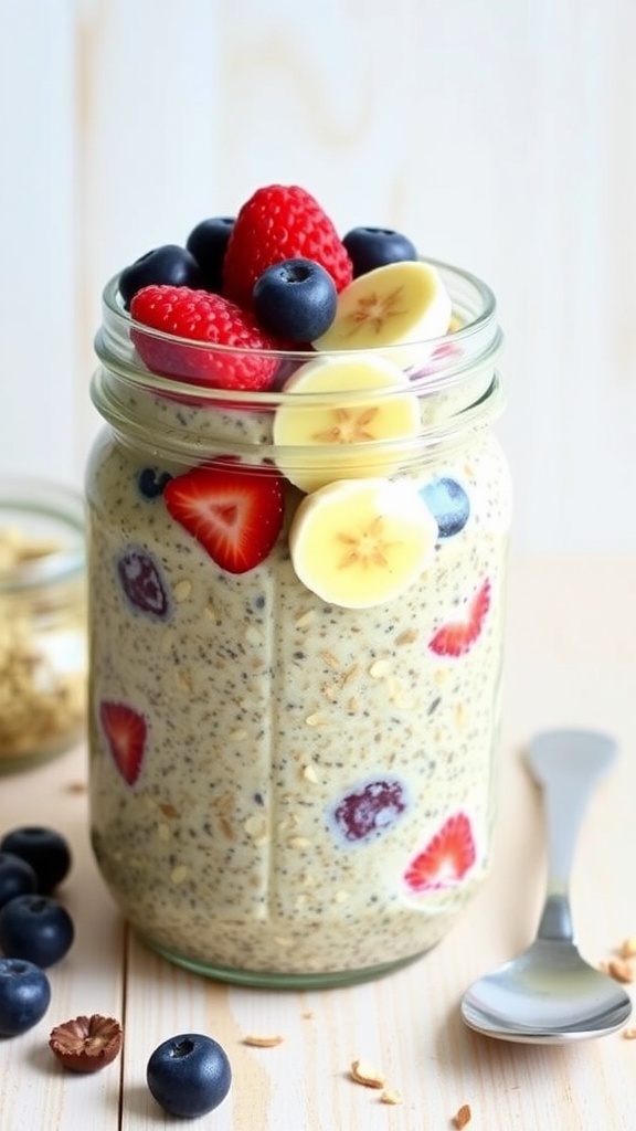 A jar of creamy oat and chia overnight pudding topped with berries and banana, with a spoon on a wooden table.